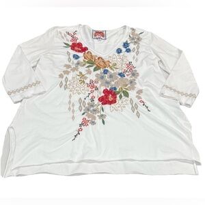 Johnny Was White Floral Embroidered Tunic Boho Cottage Core Medium Top